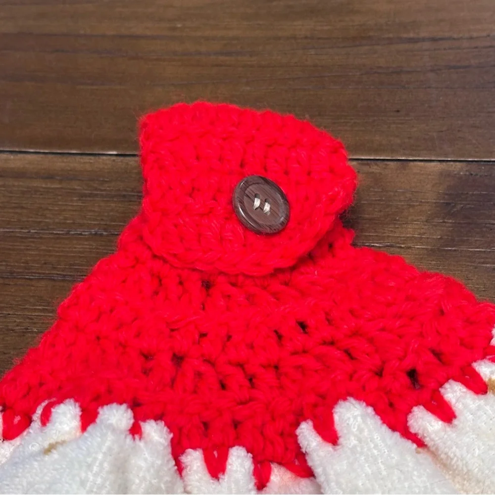 Vintage Handmade Crochet Kitchen Towel‎ Teddy Bear Apples Red White 90’s vibe